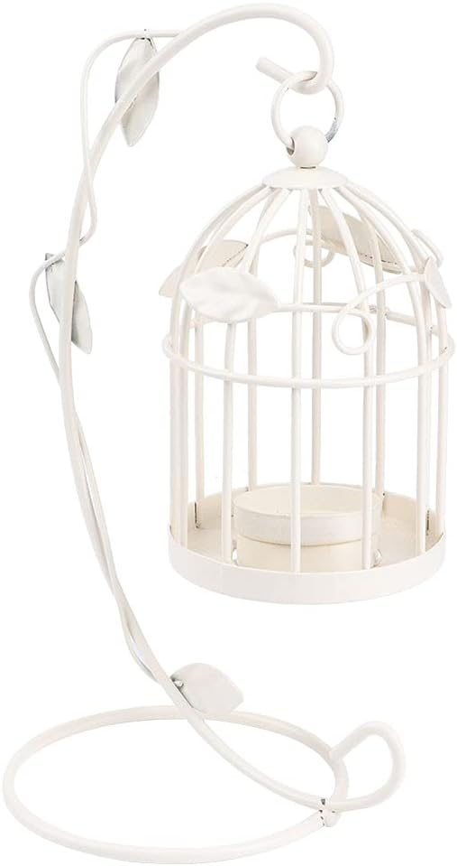 Birdcage Candle Holder, Hanging Candle Holder Decorative Bird Cages Bird Cage Decor Vintage Metal Candlestick for Wedding, Party(White)-PawvioPets
