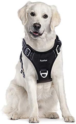 Funfox Dog Harness No Pull, Adjustable Dog Vest Harness Super Soft, 2 Leash Clips Anti Pull, Vertical Handle Easy to Control, Reflective Night Walking for Large Breed, Black, L-PawvioPets