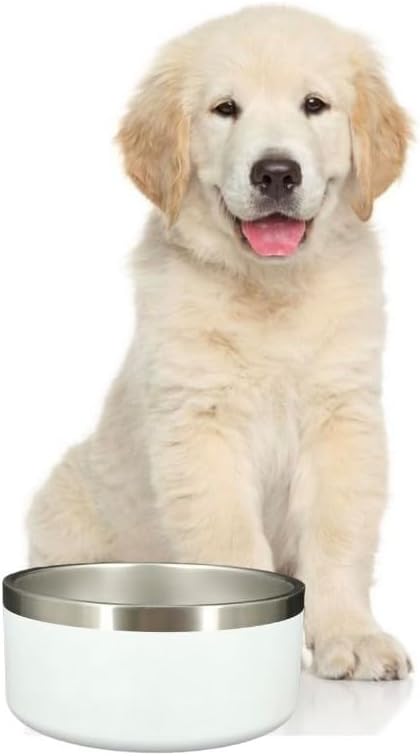Dog Bowl - Vacuum Insulated Keeps Water Cool, Non-Slip Base, Easy Clean Interior, Durable Stainless Steel, Multiple Colors, Ideal for Travel, 32 Oz - Pet Bowl (White)-PawvioPets