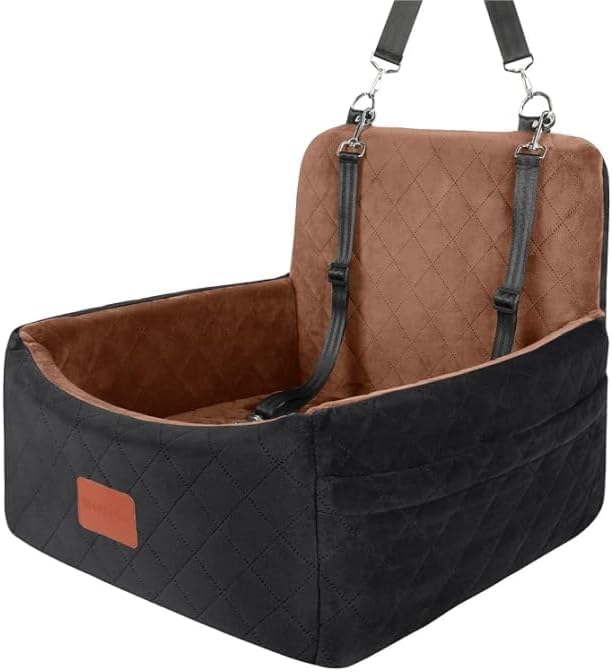 Dog Car Seat for Small Dogs Under 30lbs,Ultra Soft Fabric & Memory Foam Pet Travel Car Bed,Washable & Detachable,Anti-Slip Bottom,2 Storage Pockets and Safety Tethers(Black/Brown)-PawvioPets