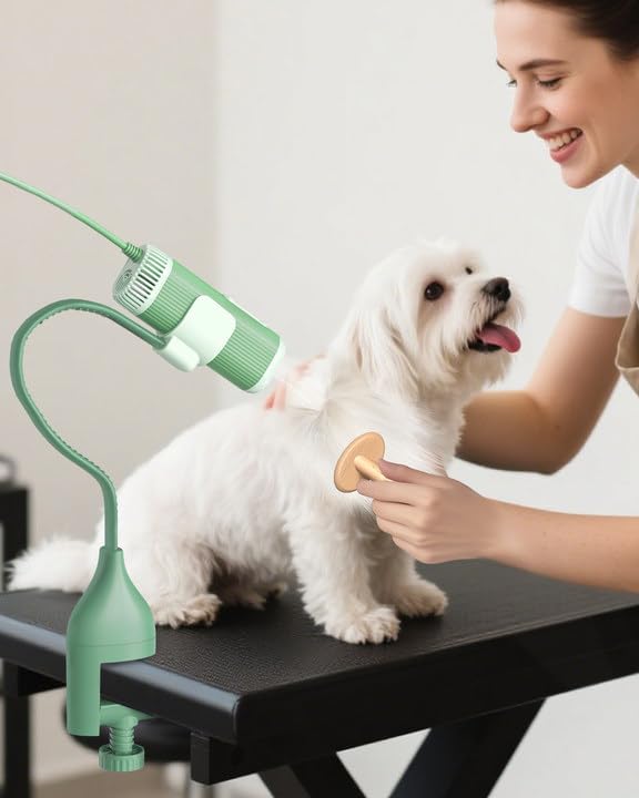 2-in-1 Hands-Free Dog Hair Dryer with Table Clamp – Low Noise Pet Grooming Dryer for Dogs & Cats, Adjustable Heat & Speed, Wearable or Desktop Use(Green)-PawvioPets