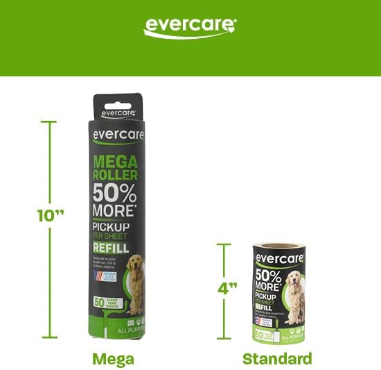 Evercare Pet Mega Lint Roller Value Pack with Two 50-Sheet Refills - Includes Refillable Lint Roller, Adhesive Sheets, Versatile Cleaning Uses, Home and On-The-Go Use, Extendable Handle-PawvioPets