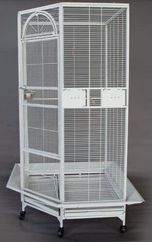 64" Extra Large Corner Bird Flight Breeding Wrought Iron Rolling Parrot Cage Side Solid Metal Plate Feed Doors Pull Out Removable Grate and Tray with Around Metal Seed Guard-PawvioPets