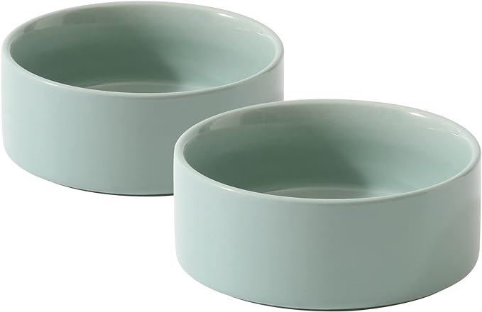 Ceramic Set of 2 Cat Bowls, Food and Water Bowls for Cats, Kitty, 2pcs Cat Dishes, Pet Feeder(5.1inch, 2 x Light Green Bowls)-PawvioPets