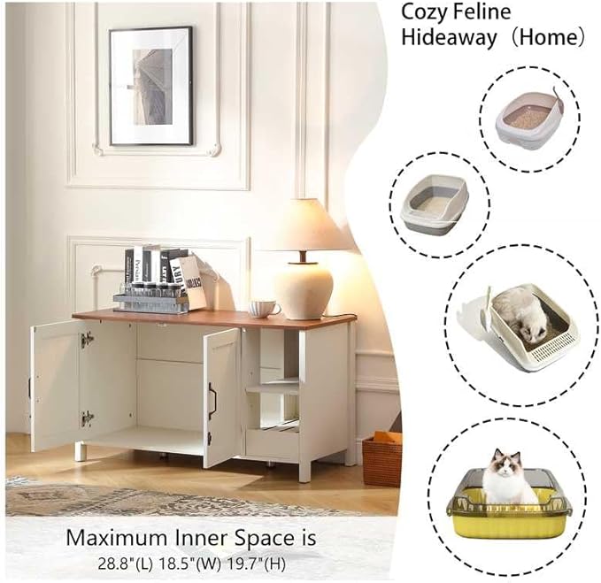 41.3'' Cat Litter Enclosure,Adjustable Shelf for Dog Proof and Storage,Locks Added for Cat, Litter Collector,Small Indoor Cat House,Antique White-PawvioPets