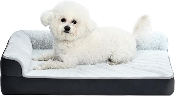 Amazon Basics Washable L-Shaped Dog Bed for Small Dogs, Anti-Slip Pet Sofa Bed for Indoor Dogs, Crate Bed, 30x20x6.5 Inches, Gray-PawvioPets