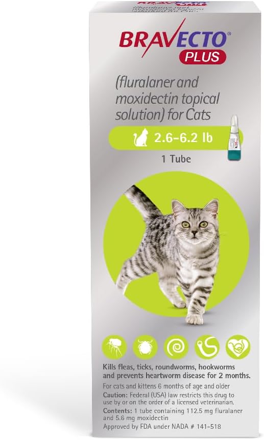 BRAVECTO Plus Topical Solution for Cats, Flea, Tick & Heartworm, 2 Months Supply, 2.6-6.2 lbs., Green Box-PawvioPets