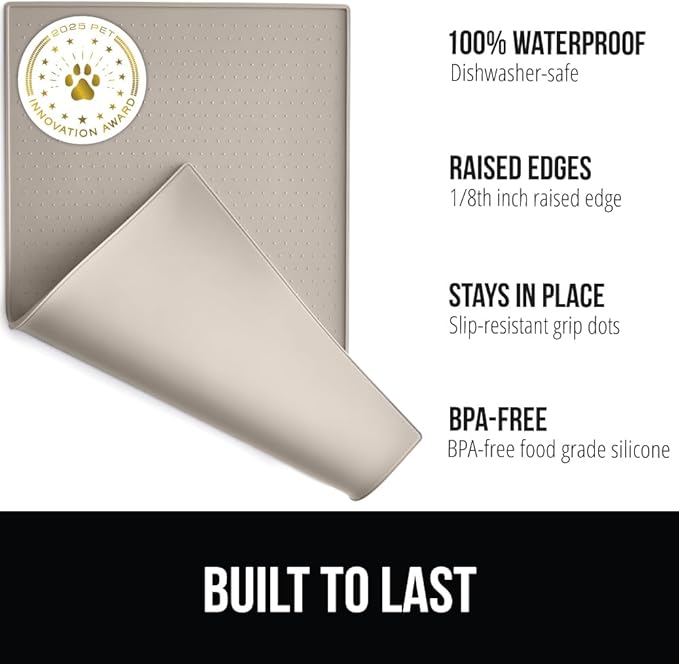 GORILLA GRIP 100% Waterproof Raised Edge BPA Free Silicone Pet Feeding Mat, Dog Cat Food Mats Contain Spills Protects Floors, Placemats for Cats and Dogs Water Bowl, Pets Accessories 28x18 Beige-PawvioPets
