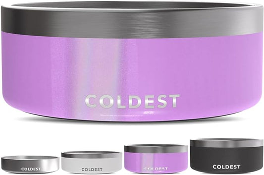Coldest Dog Bowl - Anti Rust Metal, Non Slip, 3 Layers Insulated Stainless Steel Dog Bowls - Spill Proof & Heavy Duty - Water Bowl for Dogs, Cats, Dish Washer Safe (64 oz, Saturns Purple Glitter)-PawvioPets