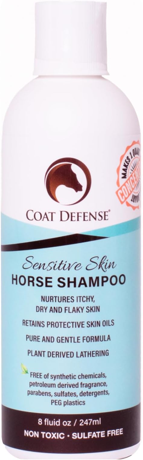 COAT DEFENSE Sensitive Skin Shampoo for Horses | All-Natural & Made in USA | Hypoallergenic Aloe Based - Soothes and Relieves Itchy, Dry and Inflamed Skin | Safe for Everyone | 8oz. Concentrated-PawvioPets