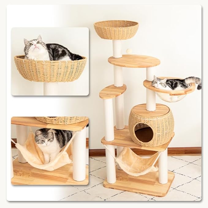 57'' Cat Tower for Large Cats, Manual Hand Woven Modern Multi-Level Condo with Natural Wood, Cat Activity Centre for Medium and Big Pets-PawvioPets
