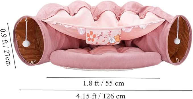 2 in 1 Cat Tunnel Bed Tube with Cushion and Plush Ball Toy Playground Crinkle Collapsible for Large Cats Kittens Kitty Puppy Small Dog Foldable Soft Pet Play Bed Indoor Outdoor- Pink Cat Tunnel Bed-PawvioPets