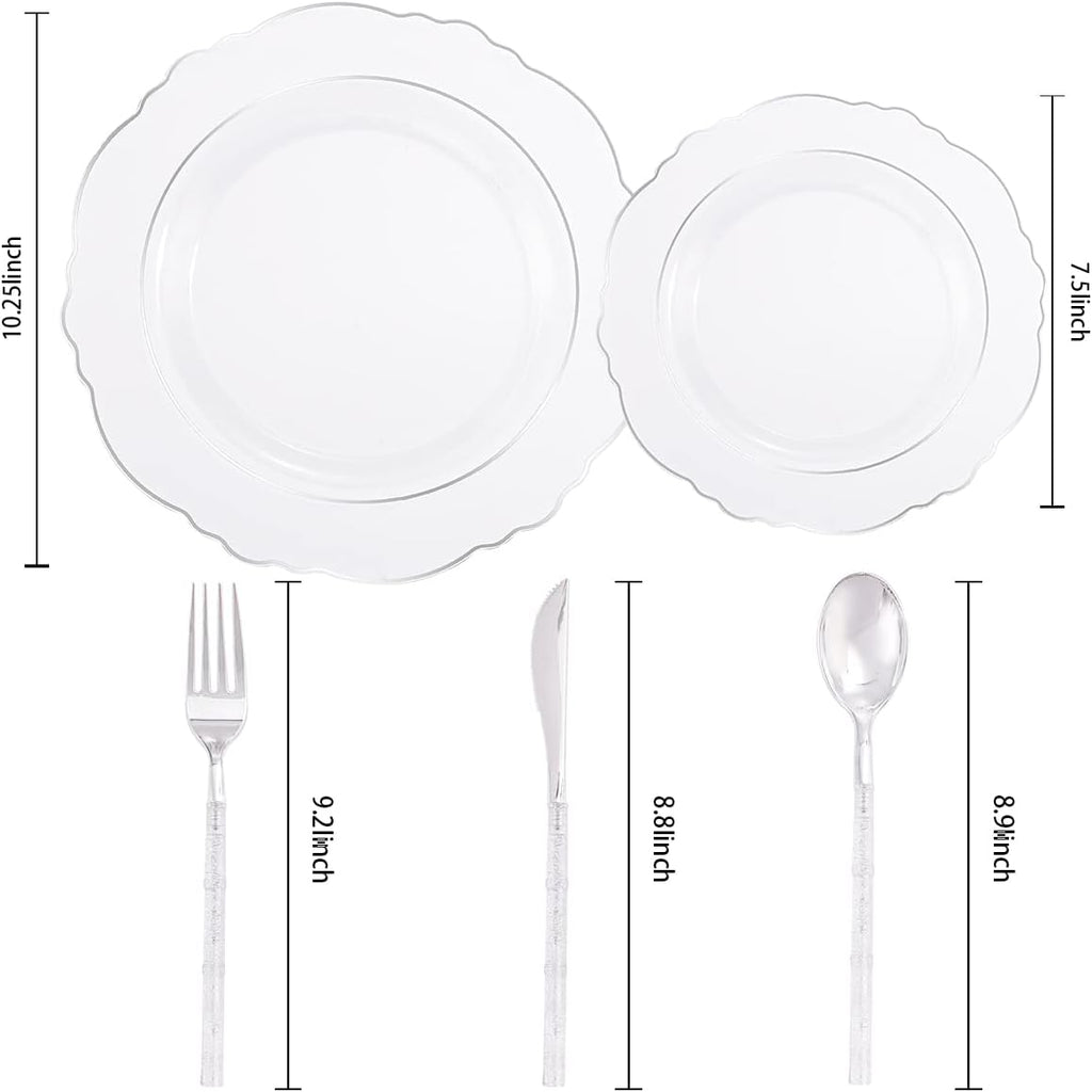Liacere 150PCS Clear Silver Plastic Plates & Disposable Silver Plastic Silverware with Glitter Bamboo Handle Cutlery-Baroque Clear Disposable Plates for Wedding & Easter day & Mother's Day