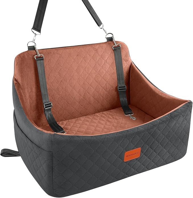 Dog Car Seat for Medium & Large Dogs Up to 55lbs, Memory Foam Cushion, Washable Cover, Safety Straps & Non-Slip Bottom(Black/Brown,Large)-PawvioPets