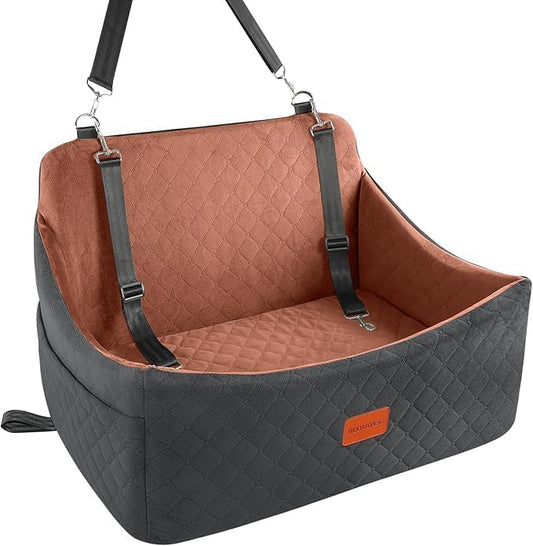 Dog Car Seat for Medium & Large Dogs Up to 55lbs, Memory Foam Cushion, Washable Cover, Safety Straps & Non-Slip Bottom(Black/Brown,Large)-PawvioPets