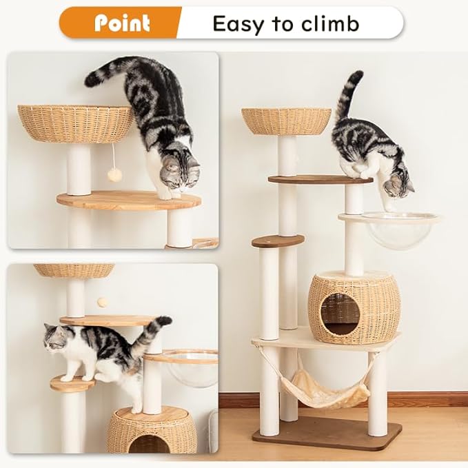 56.6in Large Wooden cat Tower for Large Multiple Cats,cat Tree with Observation Deck, Suitable for Summer and Winter 144CM (Particleboard)-PawvioPets
