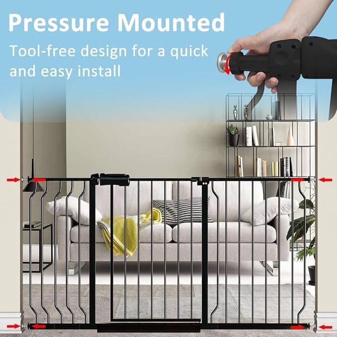 62.2"-71.65" Extra Wide Auto Closing Baby Safety Gate for Stairs & Doorways, Pressure Mounted No Drill Pet Gate with Walk-Through Door - Heavy Duty Childproof Gate for Toddlers, Kids, Dogs (Black)-PawvioPets