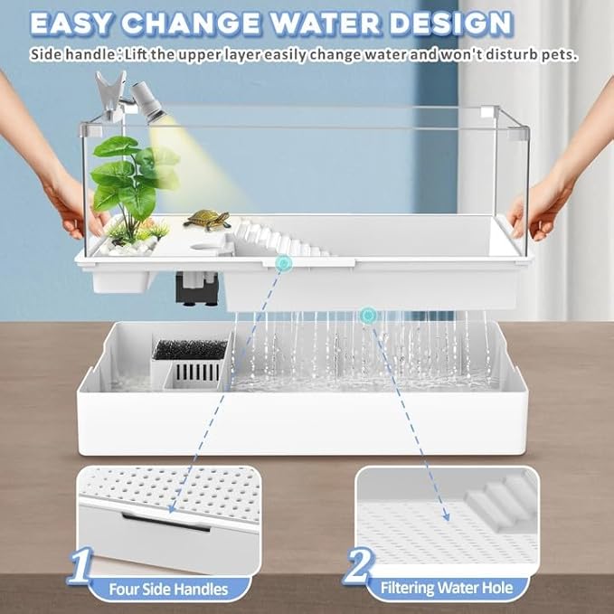 GOZILLA Large Turtle Tank Kit+Water Pump+Lamp, Acrylic Turtle Tank Starter Kit with Adjustable 5W Water Pump and Timing/Dimming Lamp, Multi-Functional Area for Small/Medium Turtles(Large-White Kit).-PawvioPets
