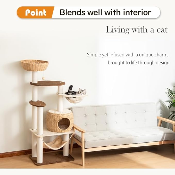 56.6in Large Wooden cat Tower for Large Multiple Cats,cat Tree with Observation Deck, Suitable for Summer and Winter 144CM (Particleboard)-PawvioPets