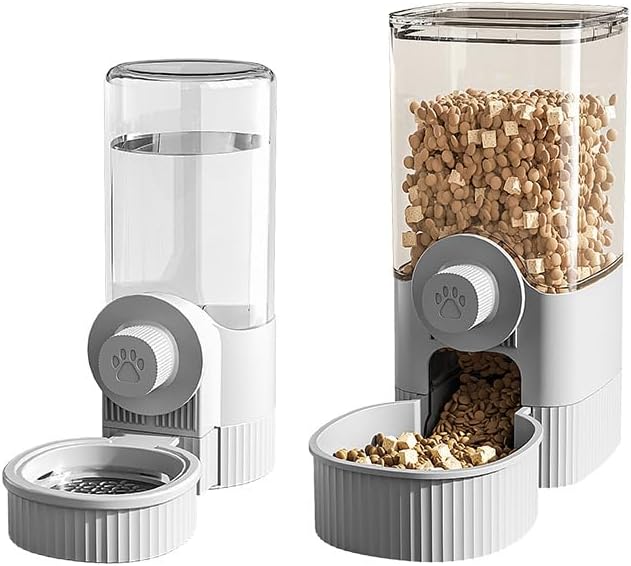GPY Automatic Hanging Gravity Pet Feeder and Water Dispenser Set ，Automatic Dog Feeder and Dog Water Dispenser for Dogs Cats Pets Animals Large Capacity (Blue Water Feeder&Food Feeder) (Grey)-PawvioPets