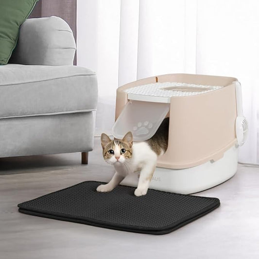 Fully Enclosed Cat Litter Box w/Lid, Scoop, Litter Mat & Odor Fitter, Large Plastic Cat Toilet with Double Door, Anti-Splashing Gato Litter Box with Lockable Front Door, Beige/Pink-PawvioPets
