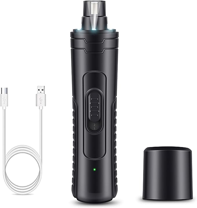 Dog Nail Grinder Quiet 2-Speed Pet Nail Grinder with 3 Led Lights and 3 Ports Rechargeable Electric Dog Nail Trimmer for Large and Small Dogs/Cats and Small Animals Safe (Black)-PawvioPets