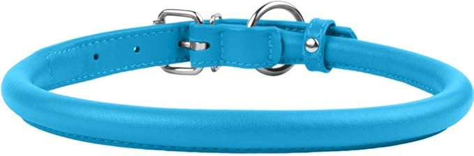 CollarDirect Rolled Leather Dog Collar, Soft Padded Round Puppy Collar, Handmade Genuine Leather Collar Dog Small Large Cat Collars 13 Colors (13-16 Inch, Light Blue Textured)-PawvioPets