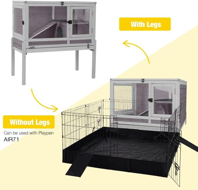 Aivituvin Wooden Guinea Pig Cages Indoor with Removable Stand, Anti Chewing Rabbit Hutch with Ramp and Wire Mesh, 2 Story Small Animals House Habitat with Pull Out Tray (Gray&Purple)-PawvioPets