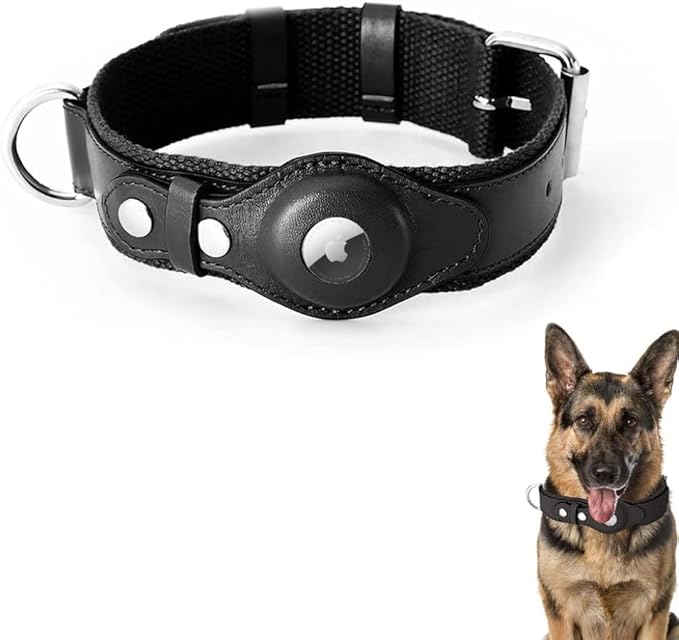 AirTag Dog Collar Soft Leather Webbing Dog Collar for AirTag Provides Double Protection for Small Medium and Large Dogs(Black,L)-PawvioPets