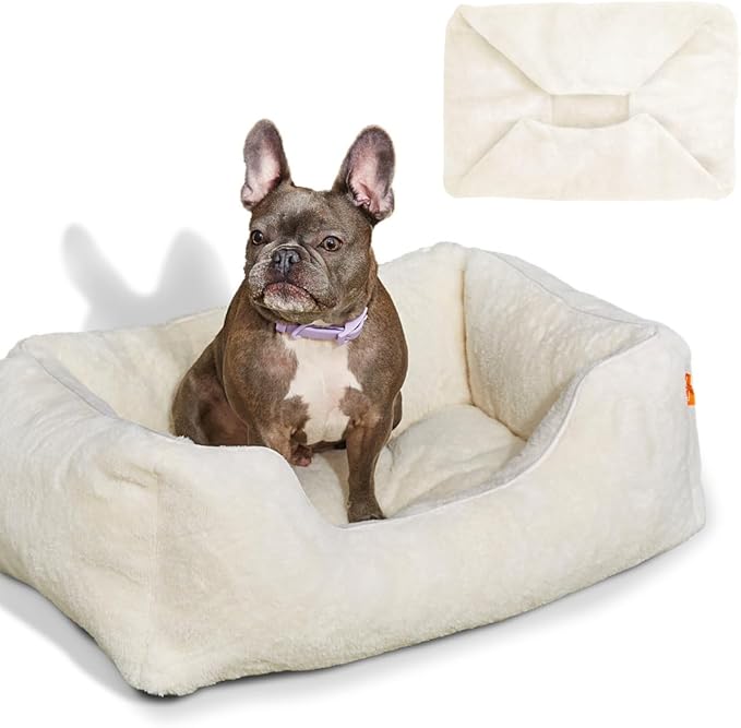 FUZI Luxury Aesthetic Dog Bed with Extra Cover for Small Dogs, Washable Pet Couch, Pet Bed with Sides, Non-Slip Bottom, Soft & Durable Calming Dog Bed, Faux Rabbit Fur, Small 25.1x16.75x9.5 Soft White-PawvioPets