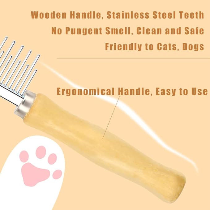 Dog Cat Grooming Comb with Wooden Handle Stainless Steel Teeth, Pet Grooming Supplies Accessories for Hairy Pets (Dual Teeth)-PawvioPets