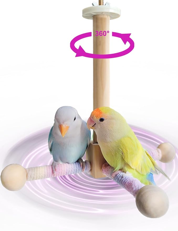 Bird Stand Perch Toy, 360° Rotating Natural Wooden Parrot Perch for Bird Cages, Colorful-PawvioPets