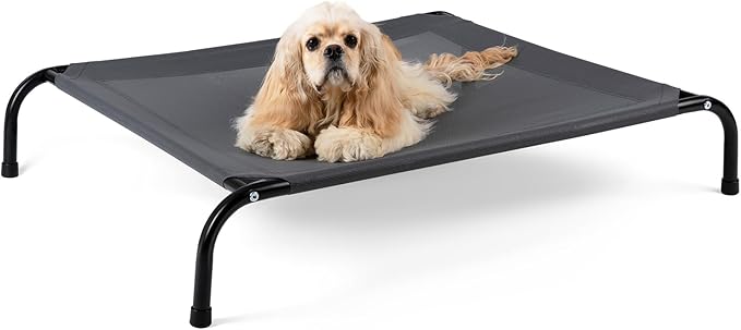 Cooling Elevated Dog Bed with Non-Slip Floor Protectors & Breathable Mesh, Raised Indoor & Outdoor Dog Cot Hammock, 34" L x 25" W x 8" Th, Small, Grey-PawvioPets