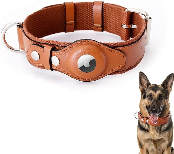 AirTag Dog Collar Soft Leather Webbing Dog Collar for AirTag Provides Double Protection for Small Medium and Large Dogs(Brown,M)-PawvioPets
