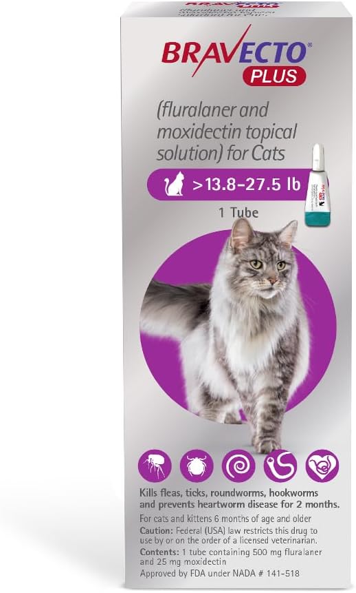 BRAVECTO PLUS Topical Solution for Cats, Flea, Tick & Heartworm, 2 Months Supply, 13.8-27.5 lbs., Purple Box-PawvioPets