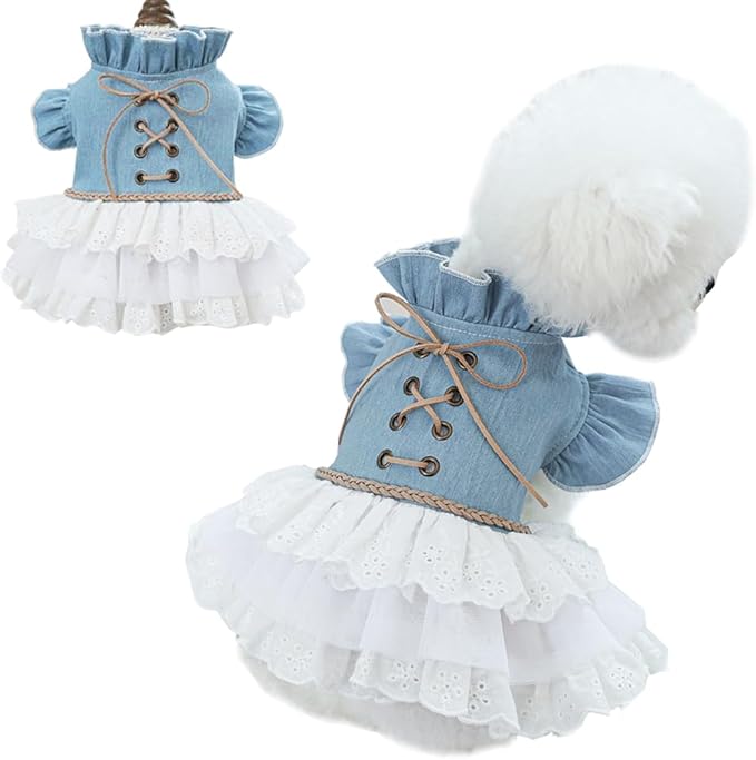 Girl Dog Denim Dress with Flared Sleeves Dog Jeans Jacket Blue White Puppy Clothes for Small Dogs Cat Apparel Cake Skirt Pet Outfit (Blue, Medium)-PawvioPets