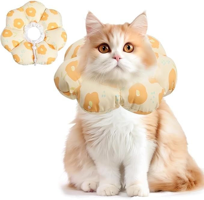 ComSaf Cat Cone Collar Soft - Cat E Collar Cones to Stop Licking, Recovery Elizabethan Collar for Cats After Surgery, Soft Cone for Medium Cats, Waterproof & Lightweight, Yellow Flower, M-PawvioPets