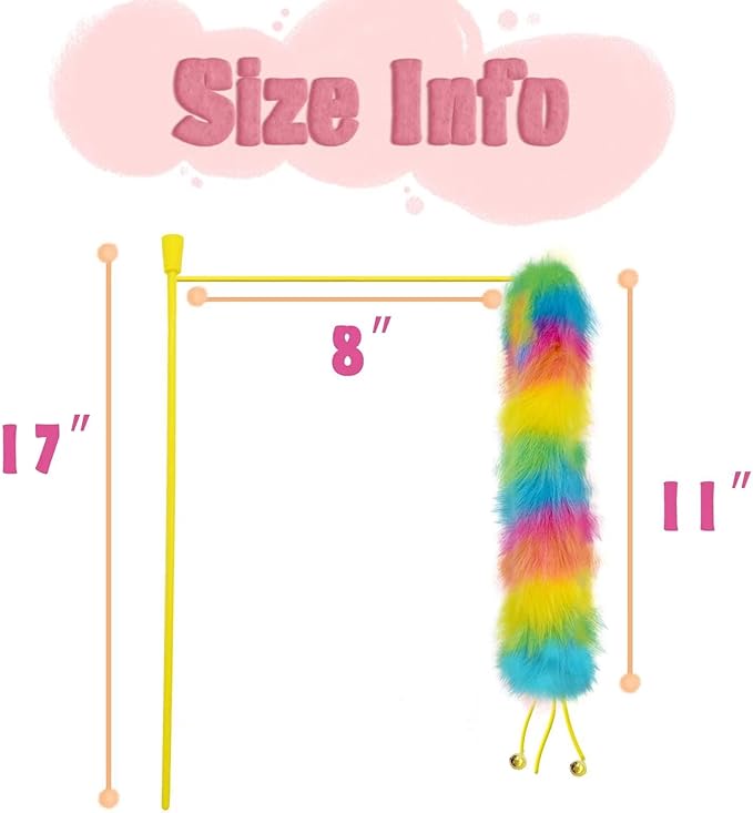 3 Pack Cat Wand Toy, Rainbow Cat Feather Toys with Bells, Teaser Wand with Soft Furry Tail, Interactive Toys for Indoor Cats & Kitten & Kitty-PawvioPets