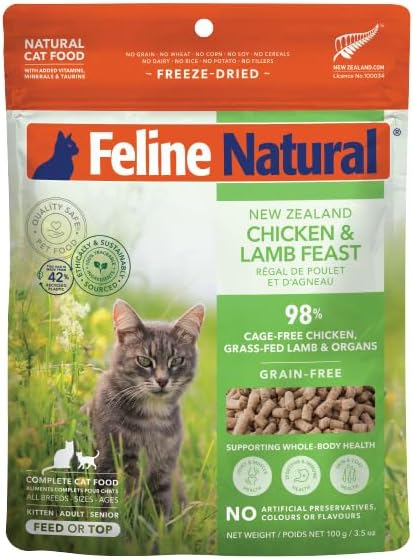 Feline Natural High Protein Dry Cat Food, Freeze-Dried Diet with 98% Meat, Organs & Seafood, No Peas, Grains, or Artificial Additives, Made in New Zealand, Chicken & Lamb, 3.5oz-PawvioPets