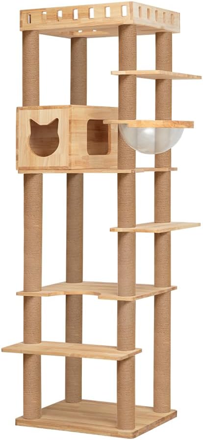 74.8" Wooden Cat Tree Tower for Large Cats, Multi-Level Cat Climbing Furniture with Scratching Posts, Cat Condo & Hammock, Natural Wood Cat Activity Center (Brown)-PawvioPets