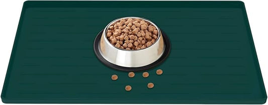 18" x 12" Dog Food Mat, Silicone Pet Mats for Food and Water, Nonslip Pet Feeding Mats for Floors, Dog Cat Bowl Mat with Raised Edges, Dark Green-PawvioPets