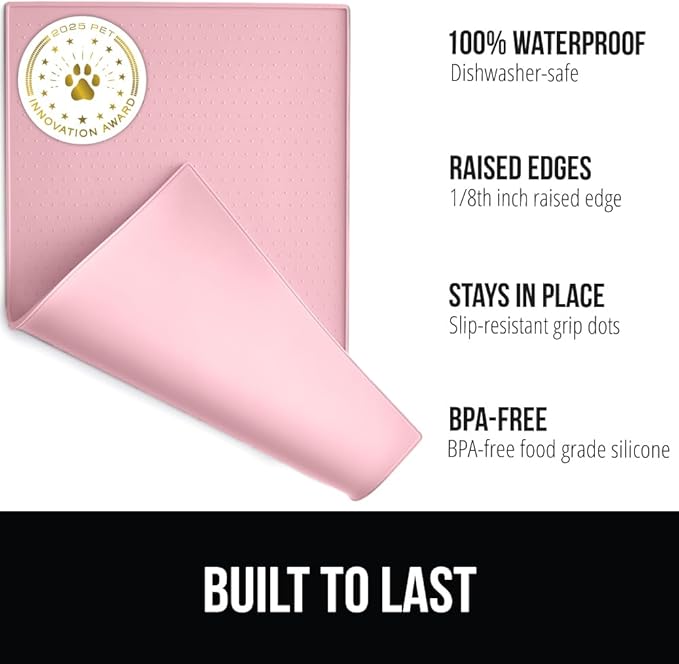 GORILLA GRIP 100% Waterproof Raised Edge BPA Free Silicone Pet Feeding Mat, Dog Cat Food Mats Contain Spills Protects Floors, Placemats for Cats and Dogs Water Bowl, Pets Accessories 28x18 Pink-PawvioPets