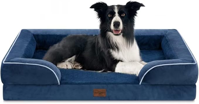 Comfort Expression Large Dog Beds, Waterproof Dog Beds Orthopedic Foam, Dogs Sofa Comfy Pet Beds with Washable Removable Cover & Non-Slip Bottom(Large,Navy Blue)-PawvioPets