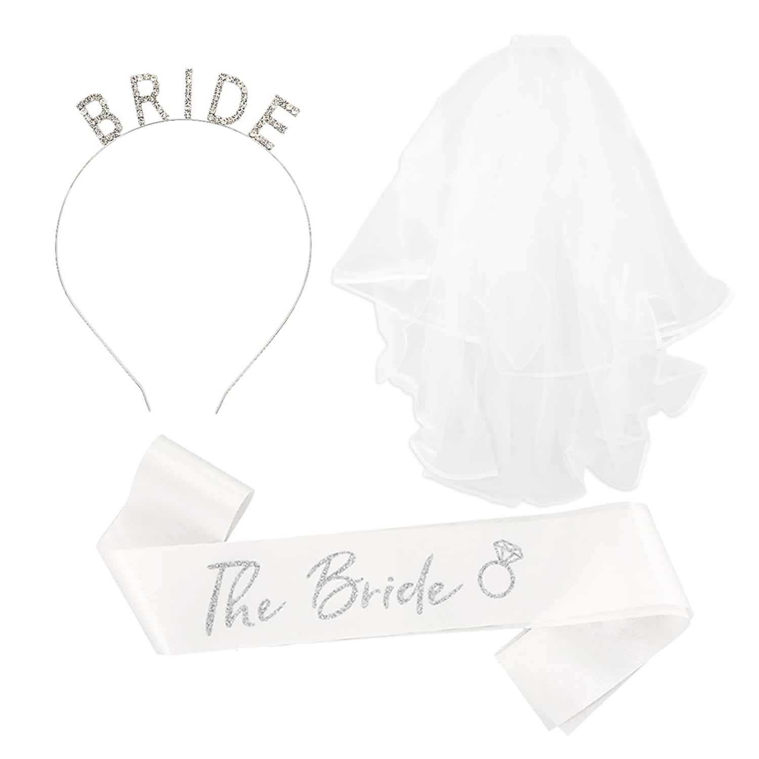 MVVM Bride Sash and Bachelorette Sashes Set | 3-Piece Bridal Headband with Tiara Veil, Sash, Veil for Bride to Be - Wedding Shower, Bachelorette Party