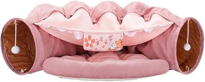 2 in 1 Cat Tunnel Bed Tube with Cushion and Plush Ball Toy Playground Crinkle Collapsible for Large Cats Kittens Kitty Puppy Small Dog Foldable Soft Pet Play Bed Indoor Outdoor- Pink Cat Tunnel Bed-PawvioPets