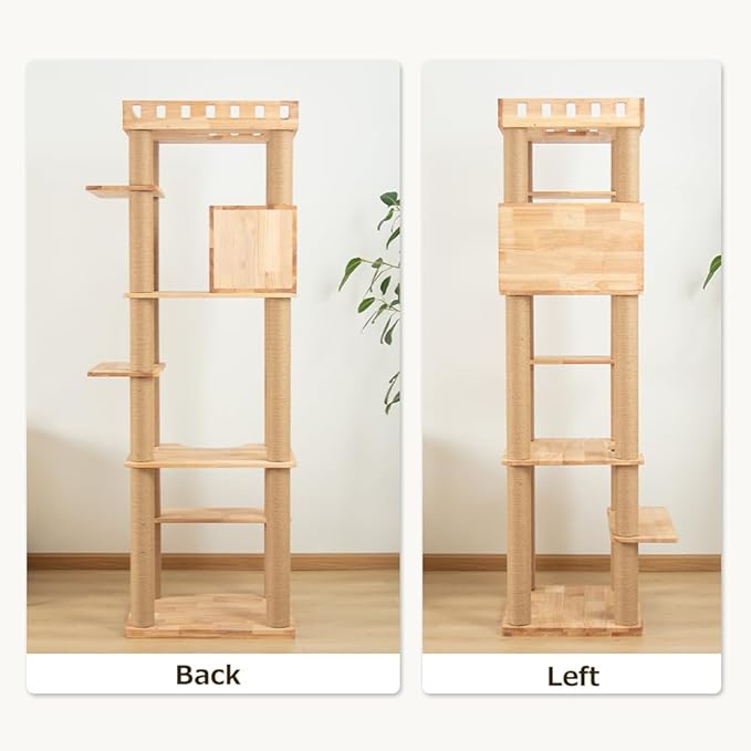 74" Wooden Cat Tree Tower for Large Cats, Multi-Level Cat Climbing Furniture with Scratching Posts, Cat Condo & Hammock, Natural Wood Cat Activity Center(Brown)-PawvioPets