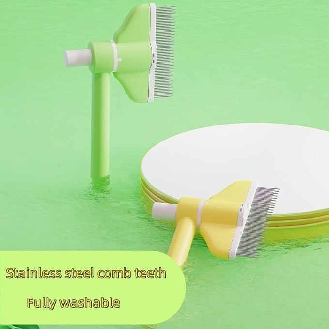 360° Press and Rotate Flea Comb for Cats and Dogs - Self-Cleaning Pet Hair Removal Tool with Release Button & Long-Short Stainless Steel Teeth for Shedding (Green and Yellow)-PawvioPets