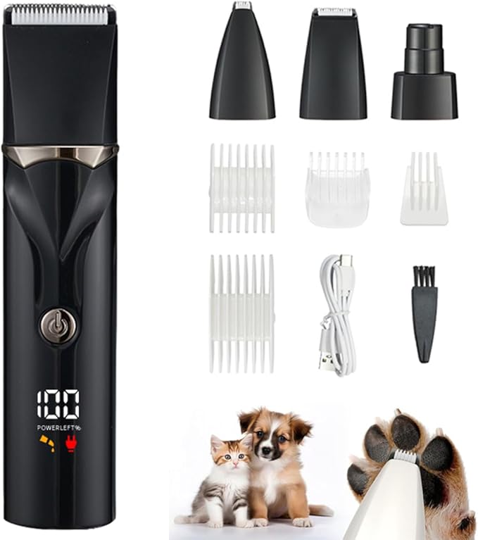 Dog Grooming Kit with LCD Display, 4 in 1 Dog Hair Trimmer for Paw Nail Grinder, Rechargeable Cordless Pet Cat Clippers, Professional Pet Paw Trimmer Nail Grinder Low Noise. Black-PawvioPets