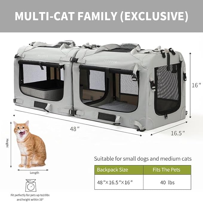 Extra Large Cat Carrier Soft Sided, Portable Small Dog Carrier for 2 Cats, 24"x16.5"x16" Car Travel Folding Comfortable Design with Litter Box and Bowls, Grey-2+ Litter Box+ Bowl*2-PawvioPets