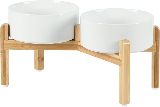Ceramic Raised Double Bowls Set with Stand, Food & Water Bowls for Medium Breed Dogs, Weighted Dog Dishes, Pet Bowl(7.3'',41OZ, White)-PawvioPets